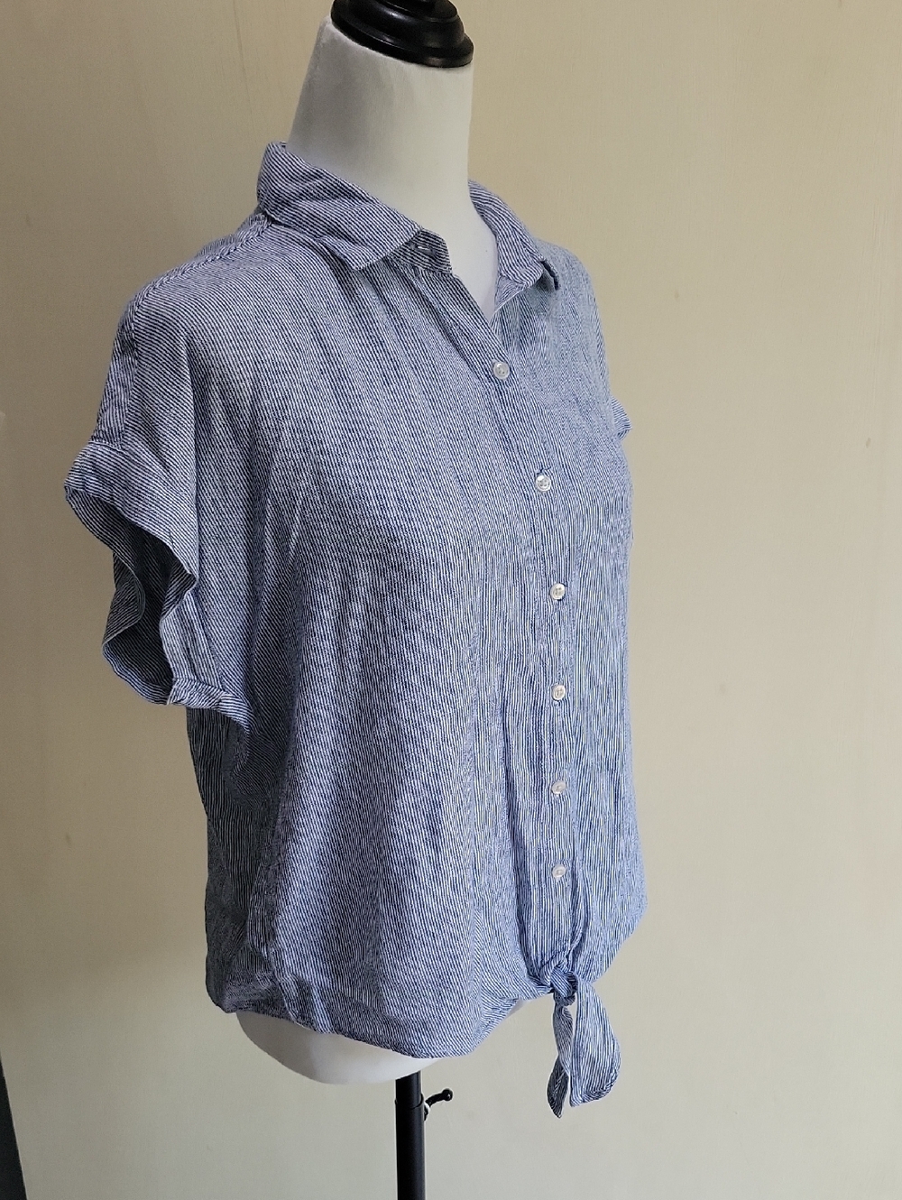 Weatherproof Washable Linen Blue Stripe Tie-Front Button Down Shirt, S, Coastal